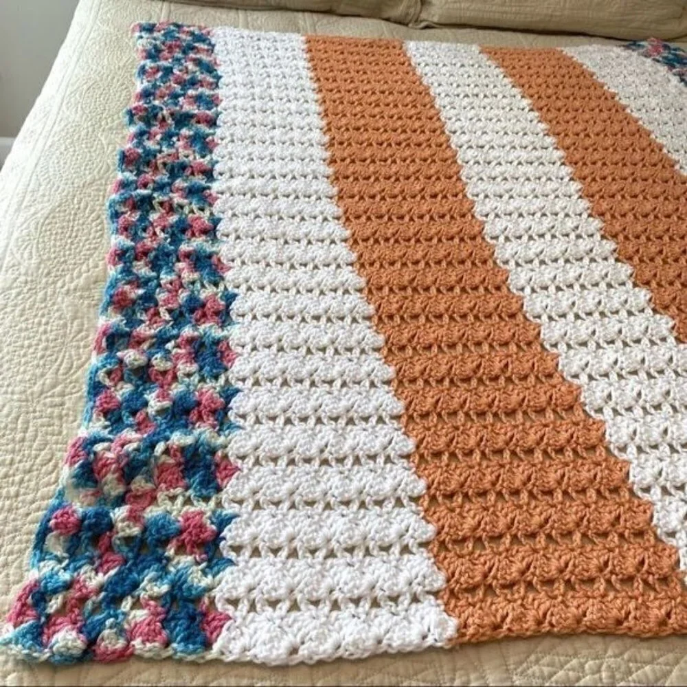Handmade Vintage Sherbet Crocheted Afghan Baby Blanket Or Throw